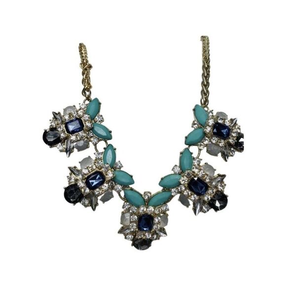 Vintage faux Turquoise aurora borealis Rhinestone Gold Chain Necklace 20” - Picture 1 of 12